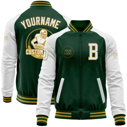 Custom Green White-Old Gold Bomber Varsity Letterman Two Tone Zipper Jacket - Main View