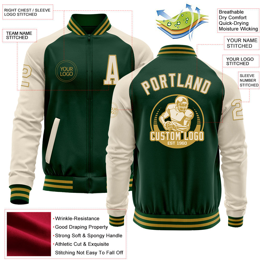 Custom Green Cream-Old Gold Bomber Varsity Letterman Two Tone Zipper Jacket view 4