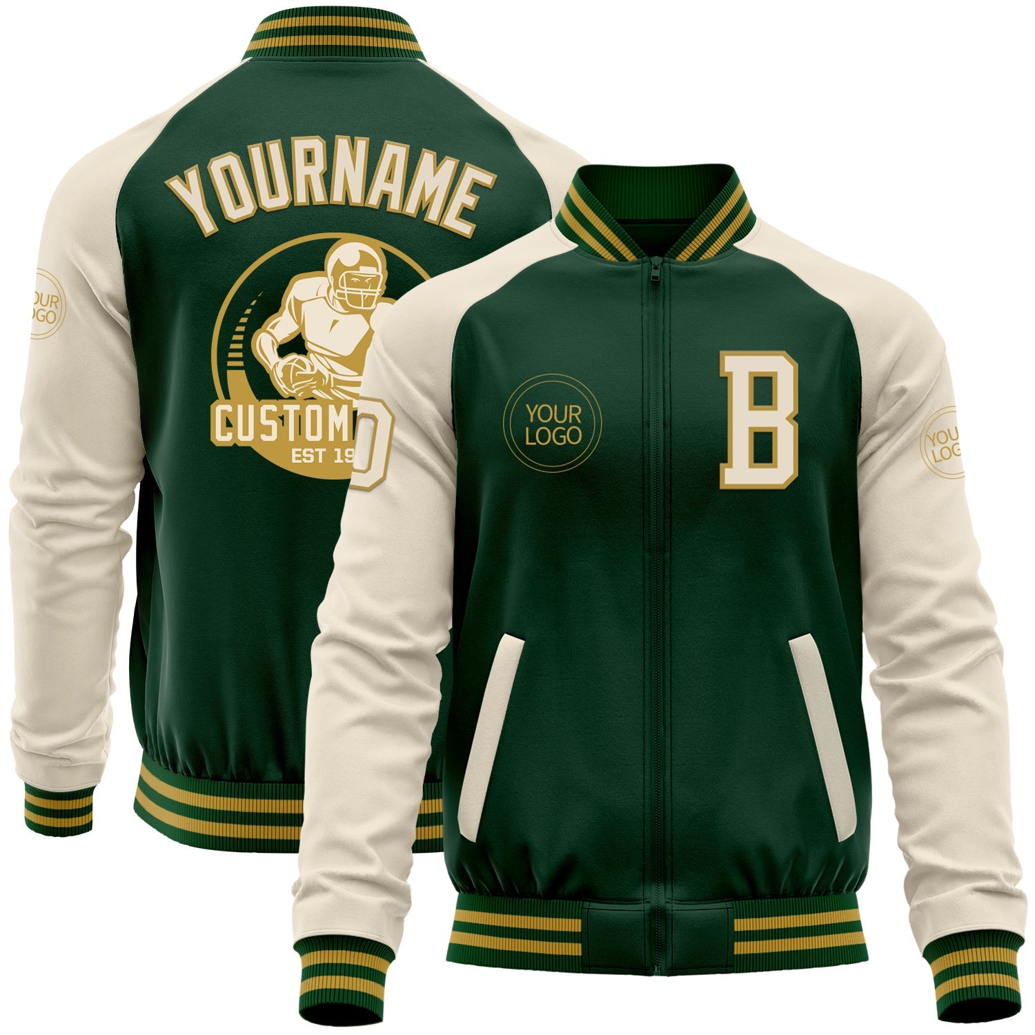 Custom Green Cream-Old Gold Bomber Varsity Letterman Two Tone Zipper Jacket - Main View