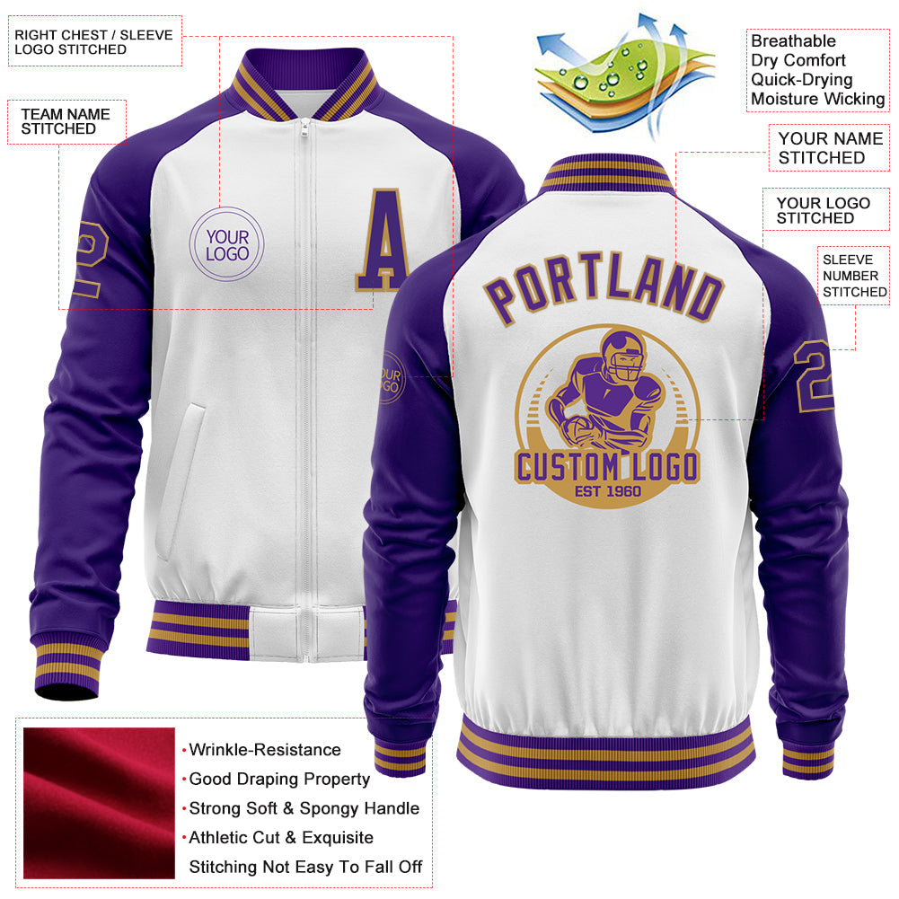 Custom White Purple-Old Gold Bomber Varsity Letterman Two Tone Zipper Jacket view 4