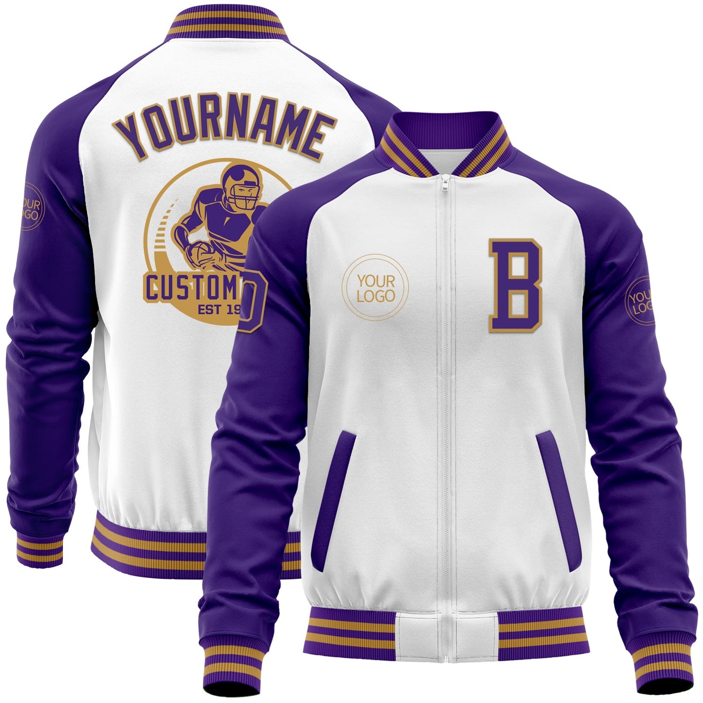 Custom White Purple-Old Gold Bomber Varsity Letterman Two Tone Zipper Jacket - Main View