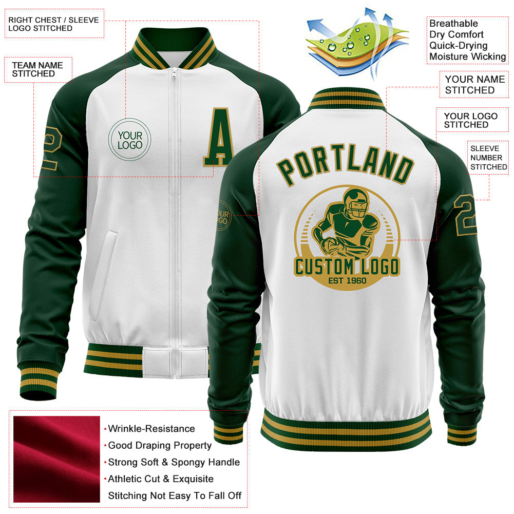 Custom White Green-Old Gold Bomber Varsity Letterman Two Tone Zipper Jacket view 4