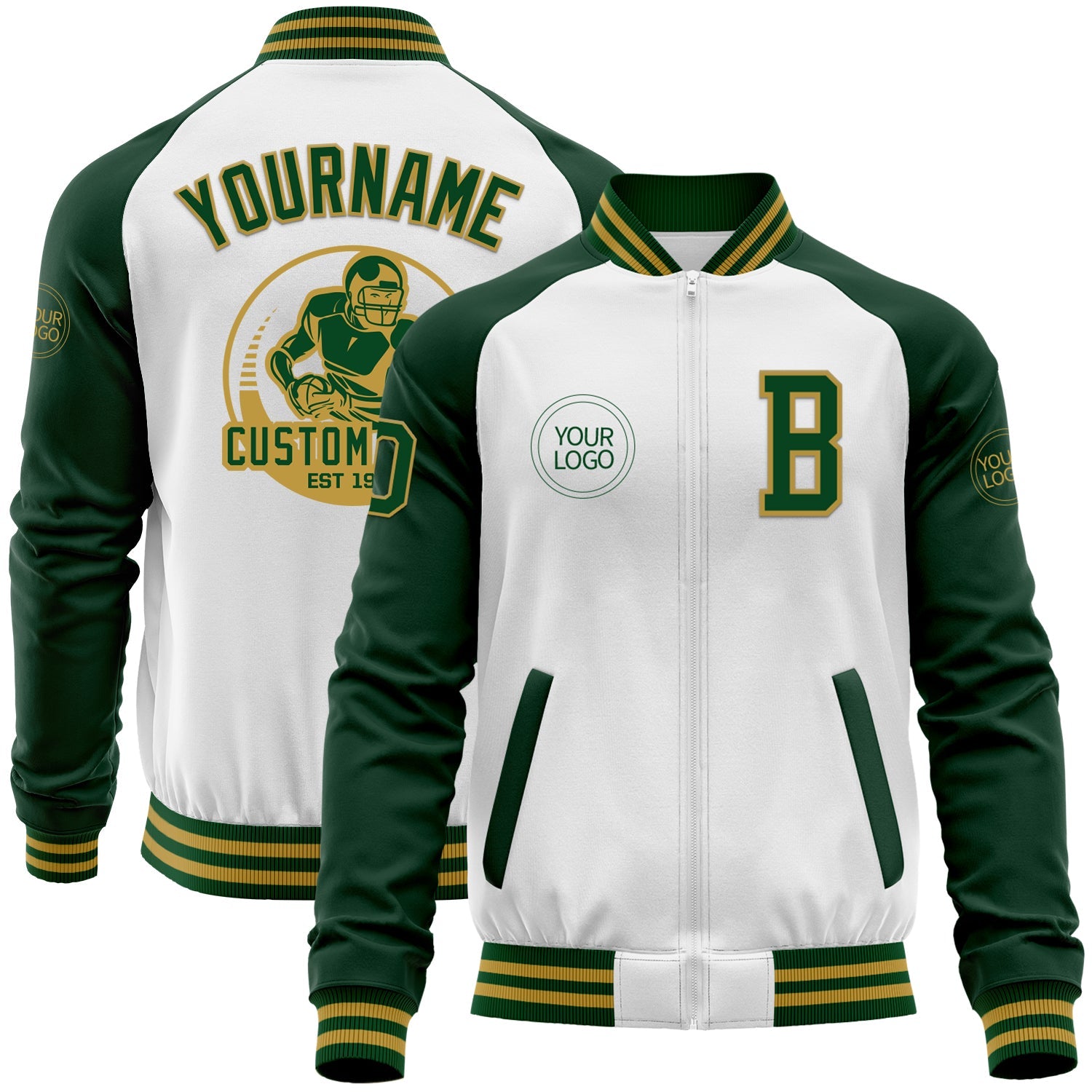 Custom White Green-Old Gold Bomber Varsity Letterman Two Tone Zipper Jacket - Main View