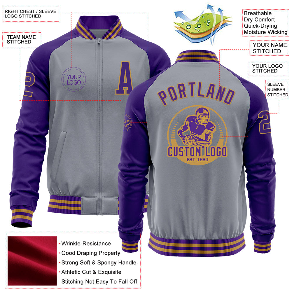Custom Gray Purple-Old Gold Bomber Varsity Letterman Two Tone Zipper Jacket view 4