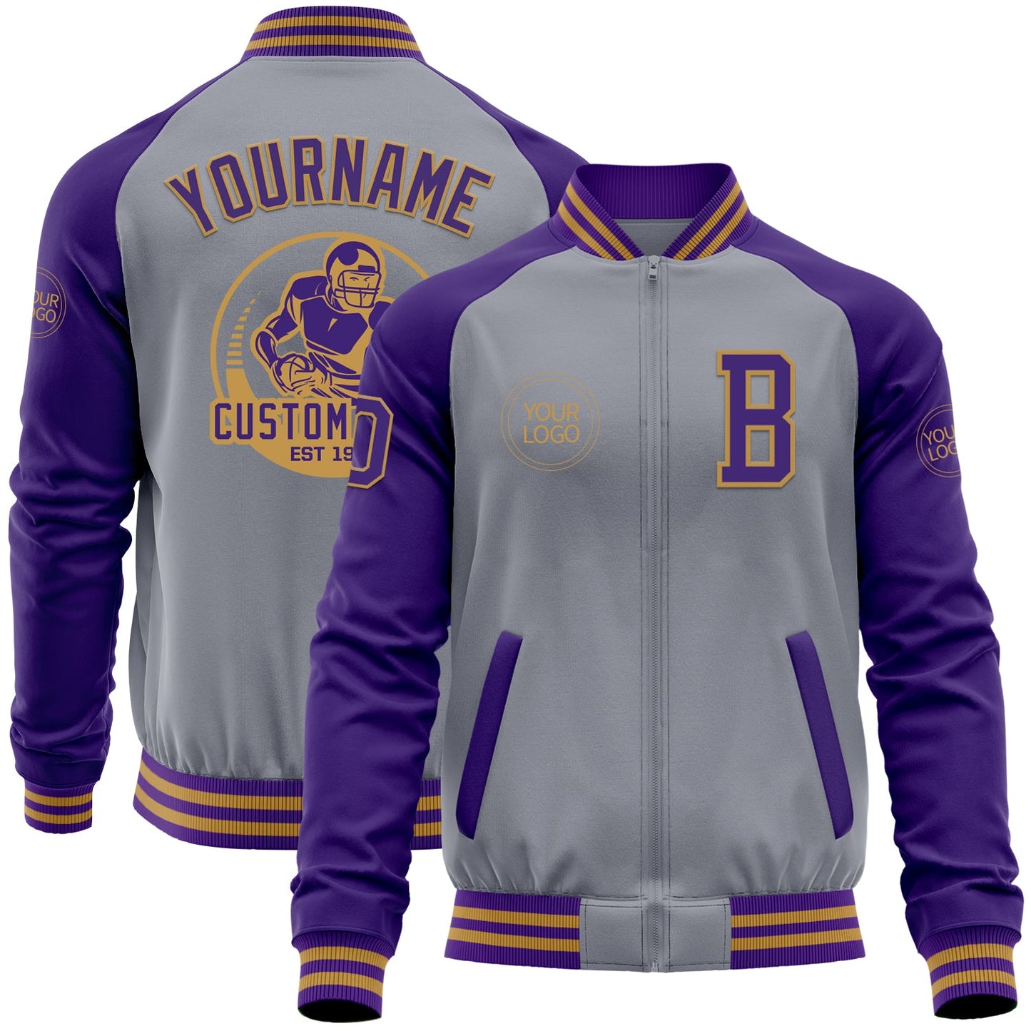 Custom Gray Purple-Old Gold Bomber Varsity Letterman Two Tone Zipper Jacket - Main View