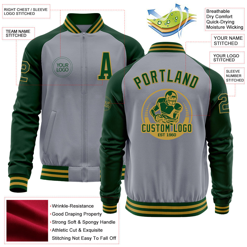 Custom Gray Green-Old Gold Bomber Varsity Letterman Two Tone Zipper Jacket view 4