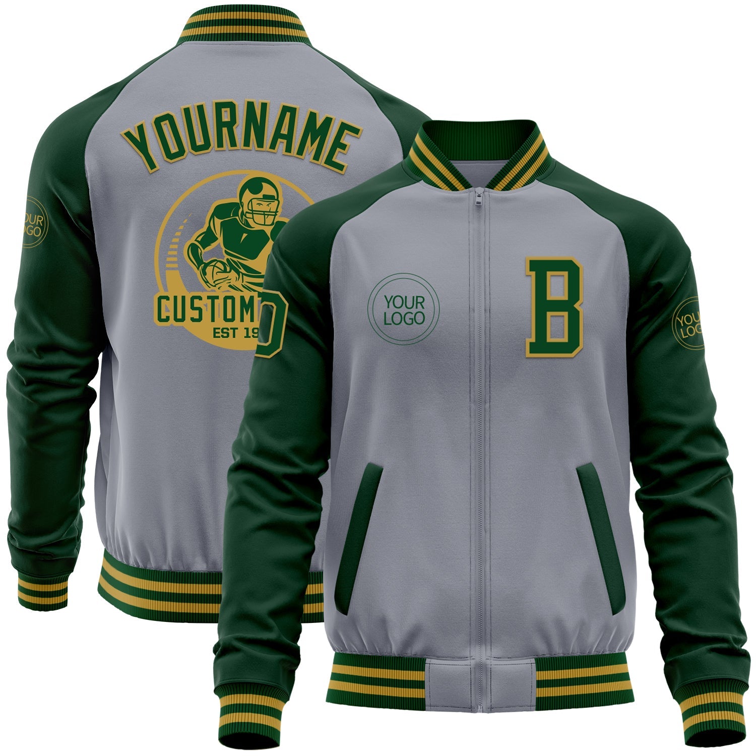 Custom Gray Green-Old Gold Bomber Varsity Letterman Two Tone Zipper Jacket - Main View