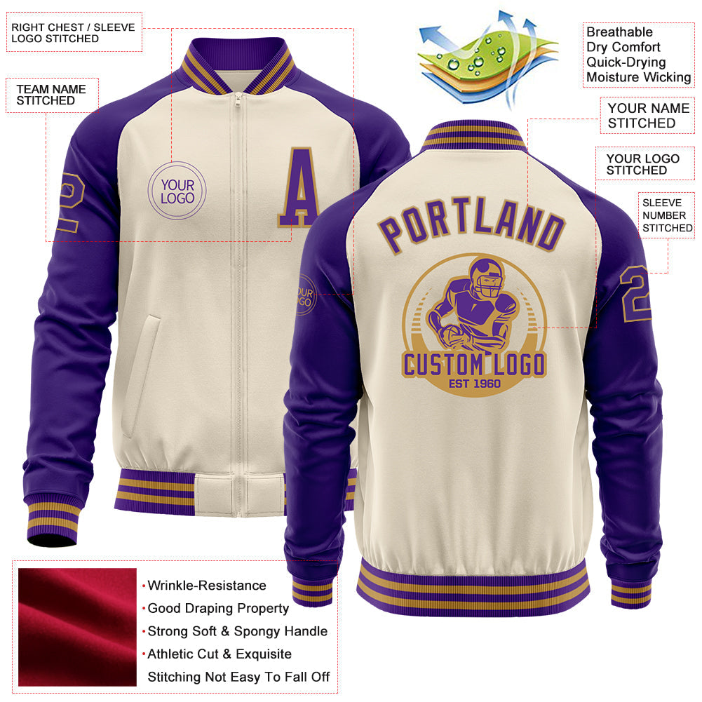 Custom Cream Purple-Old Gold Bomber Varsity Letterman Two Tone Zipper Jacket view 4