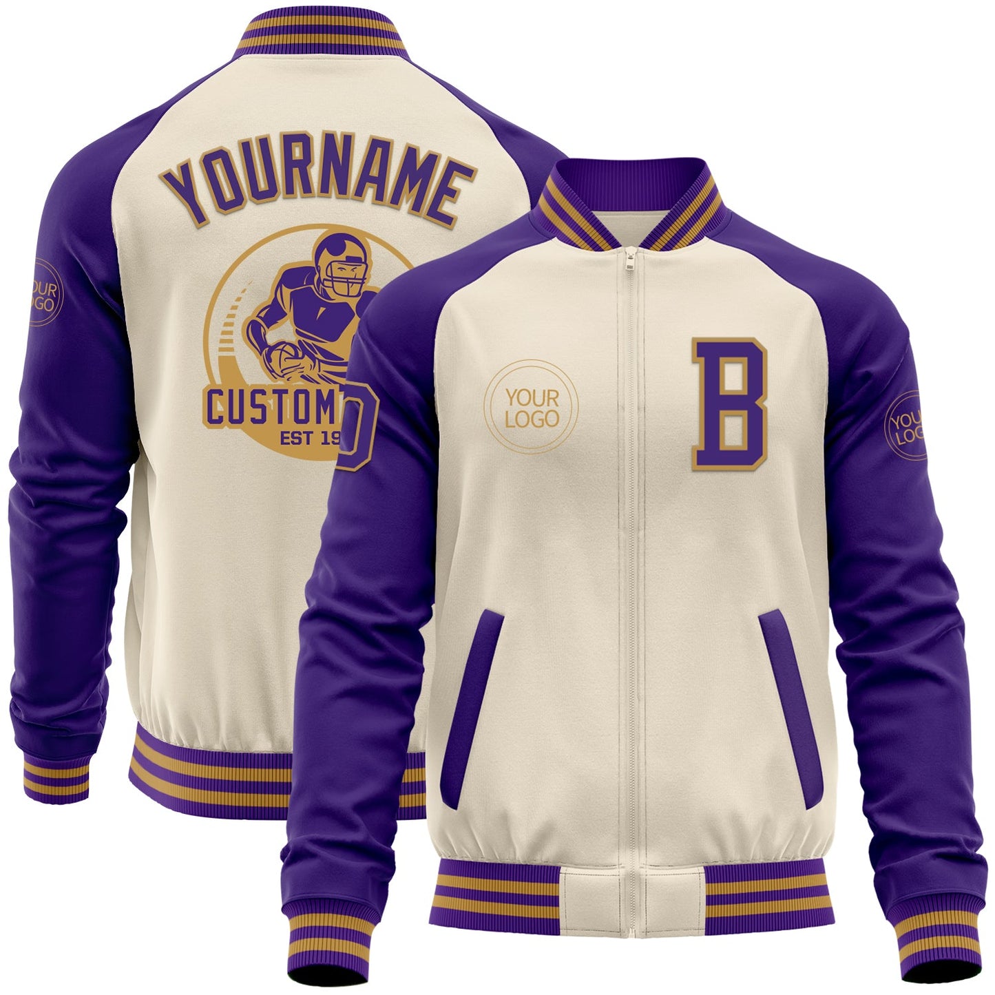 Custom Cream Purple-Old Gold Bomber Varsity Letterman Two Tone Zipper Jacket - Main View