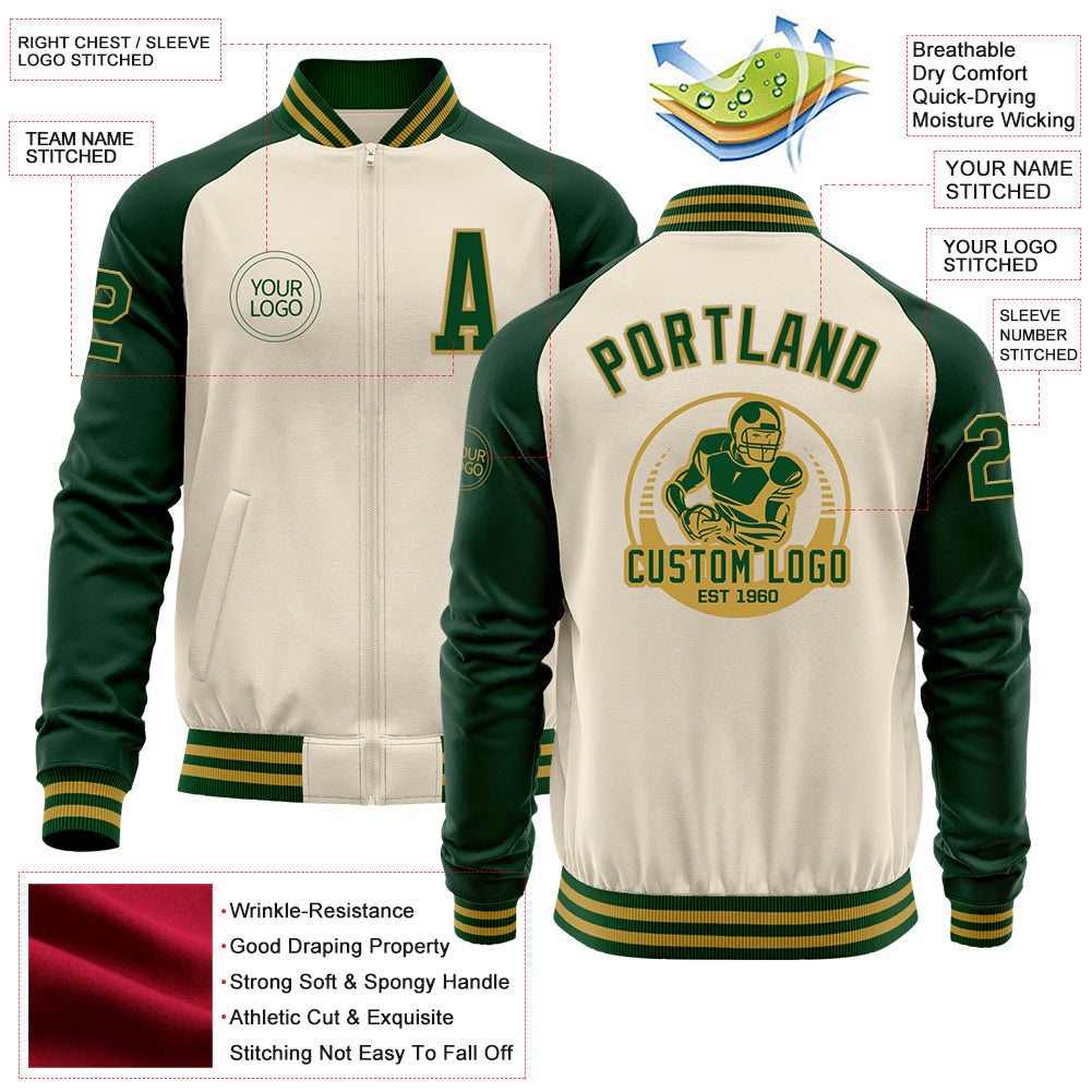 Custom Cream Green-Old Gold Bomber Varsity Letterman Two Tone Zipper Jacket view 4
