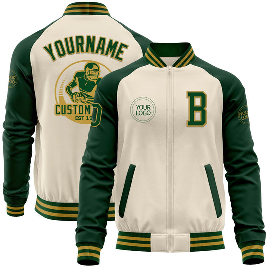 Custom Cream Green-Old Gold Bomber Varsity Letterman Two Tone Zipper Jacket - Main View