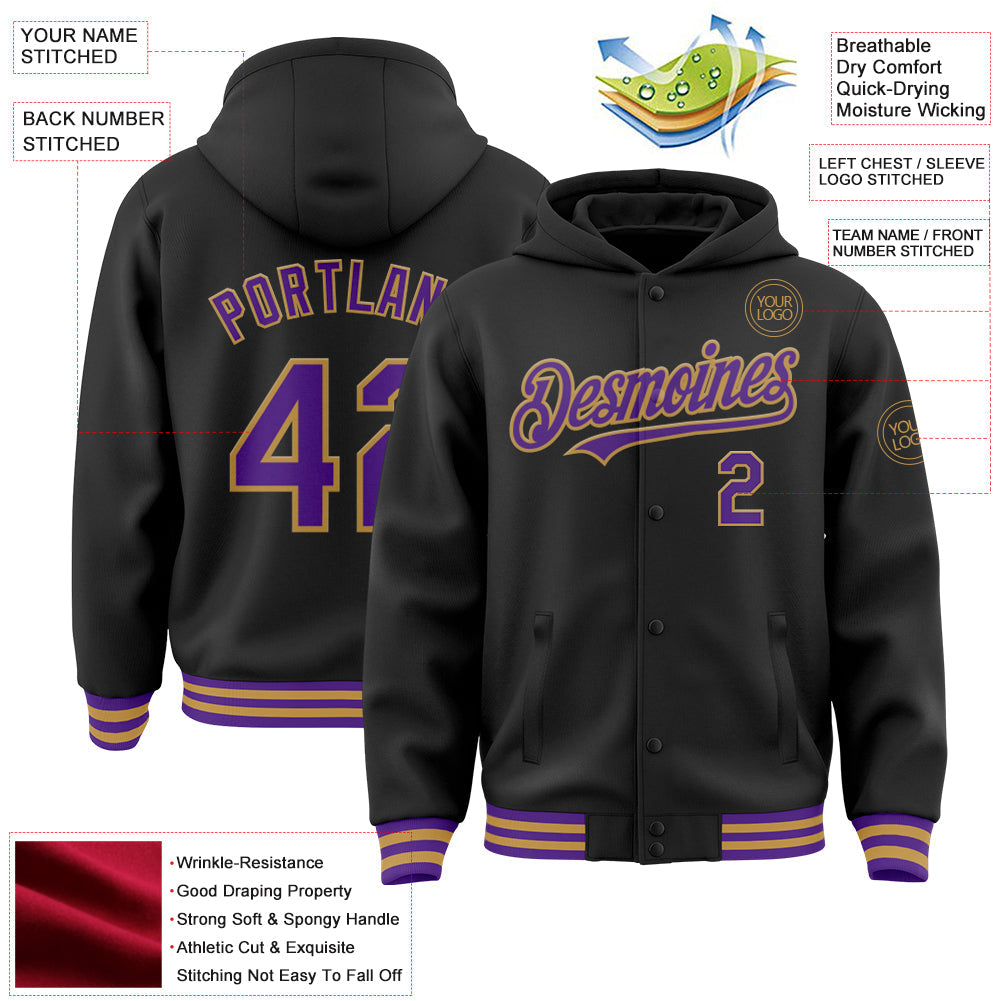 Custom Black Purple-Old Gold Bomber Full-Snap Varsity Letterman Hoodie Jacket view 4