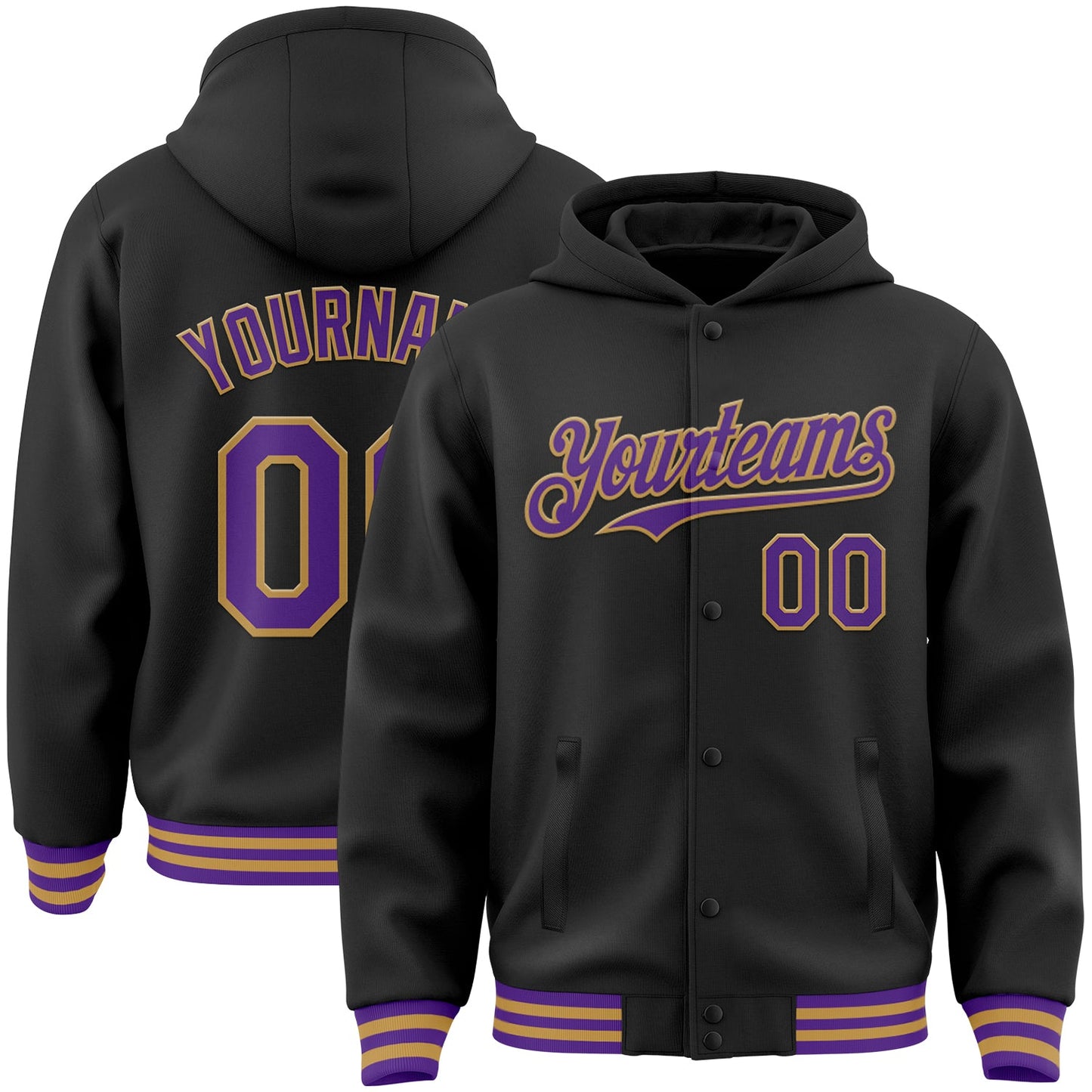 Custom Black Purple-Old Gold Bomber Full-Snap Varsity Letterman Hoodie Jacket - Main View
