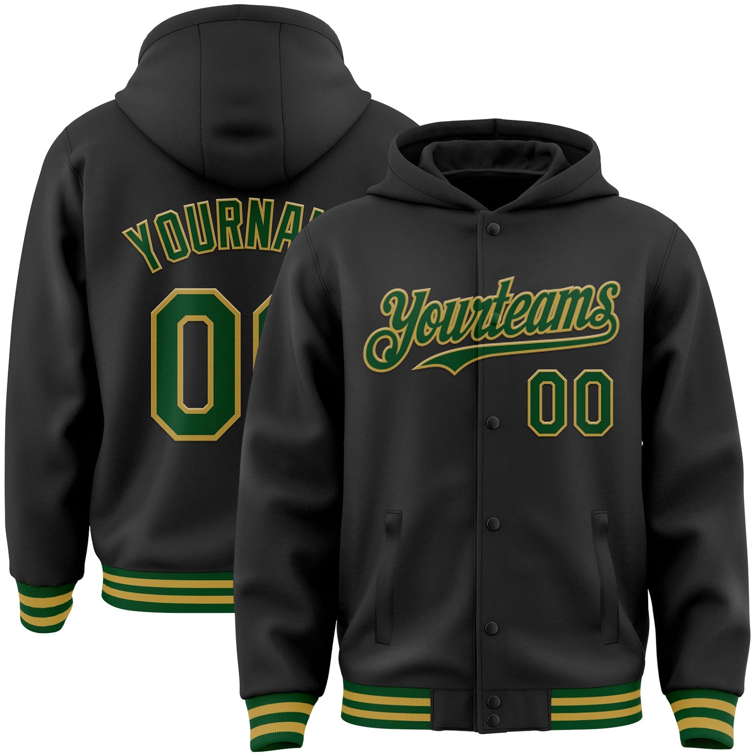 Custom Black Green-Old Gold Bomber Full-Snap Varsity Letterman Hoodie Jacket - Main View