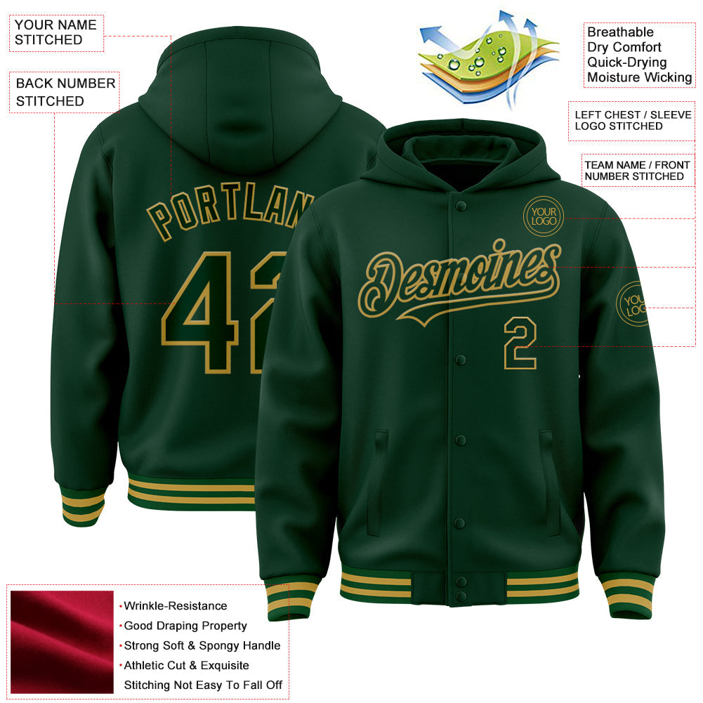 Custom Green Old Gold Bomber Full-Snap Varsity Letterman Hoodie Jacket view 4