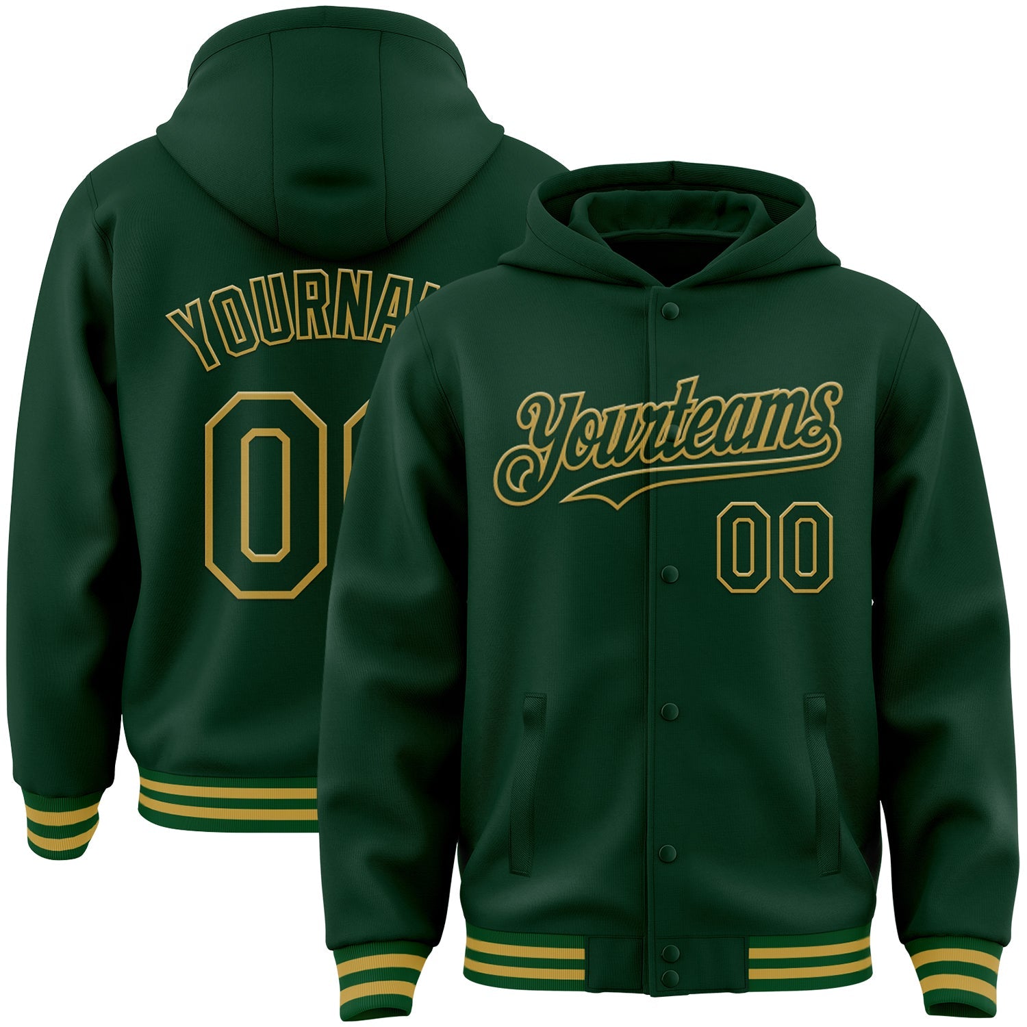 Custom Green Old Gold Bomber Full-Snap Varsity Letterman Hoodie Jacket - Main View