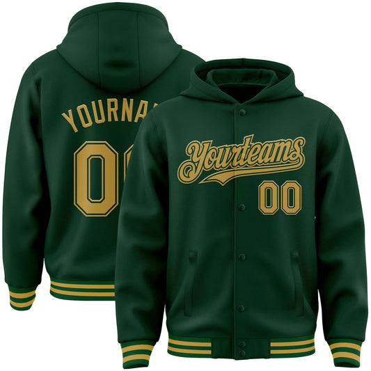 Custom Green Old Gold Bomber Full-Snap Varsity Letterman Hoodie Jacket - Main View