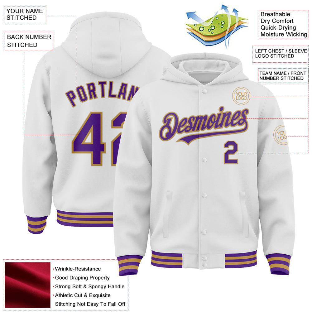 Custom White Purple-Old Gold Bomber Full-Snap Varsity Letterman Hoodie Jacket view 4