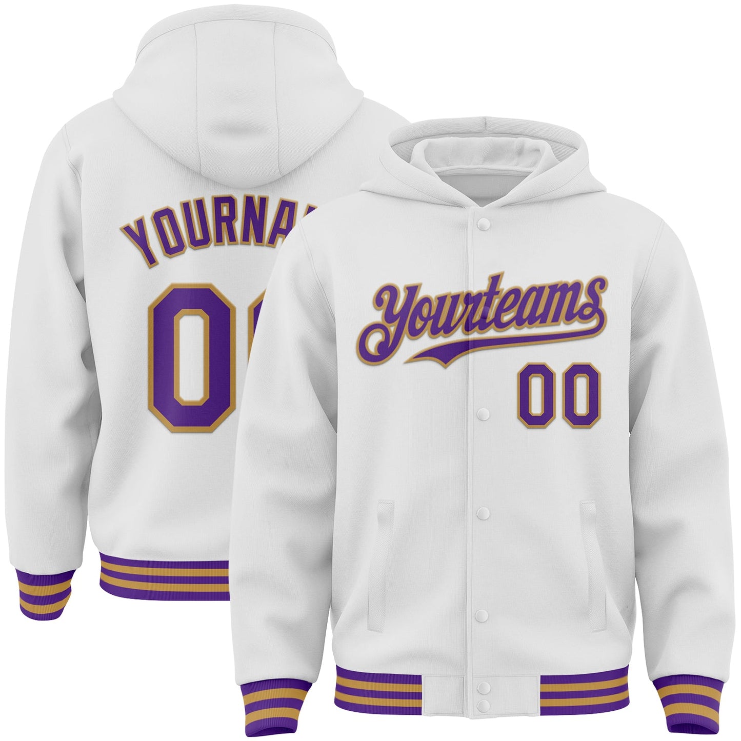 Custom White Purple-Old Gold Bomber Full-Snap Varsity Letterman Hoodie Jacket - Main View