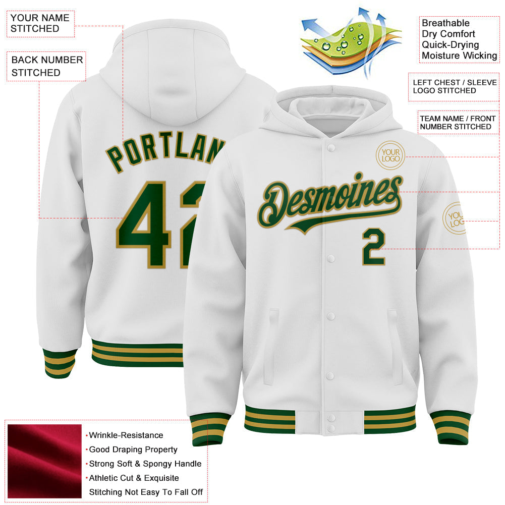 Custom White Green-Old Gold Bomber Full-Snap Varsity Letterman Hoodie Jacket view 4