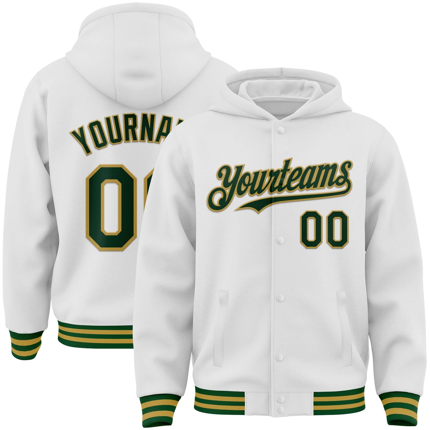 Custom White Green-Old Gold Bomber Full-Snap Varsity Letterman Hoodie Jacket - Main View