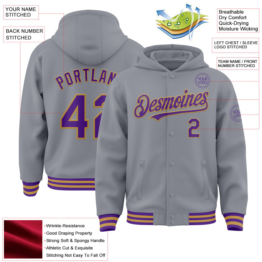 Custom Gray Purple-Old Gold Bomber Full-Snap Varsity Letterman Hoodie Jacket view 4