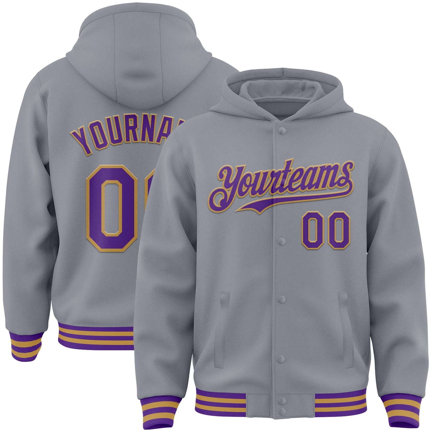 Custom Gray Purple-Old Gold Bomber Full-Snap Varsity Letterman Hoodie Jacket - Main View