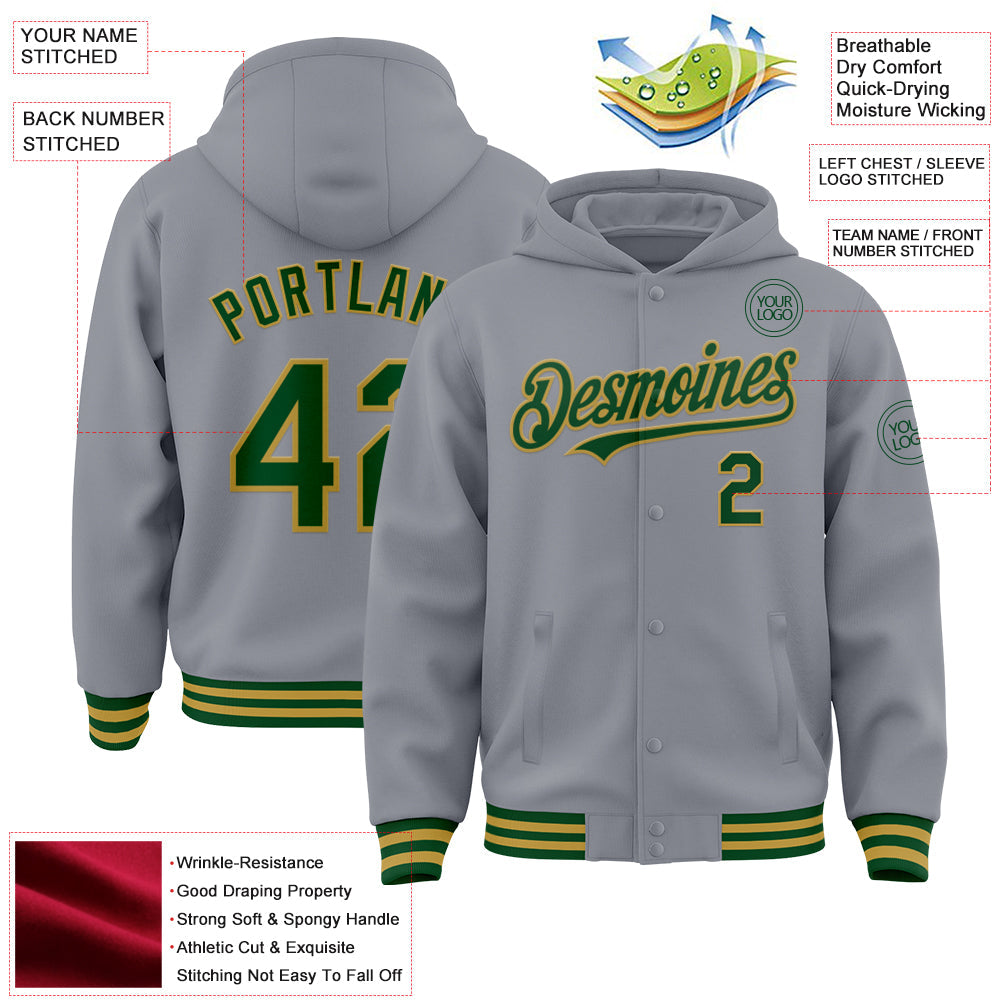 Custom Gray Green-Old Gold Bomber Full-Snap Varsity Letterman Hoodie Jacket view 4