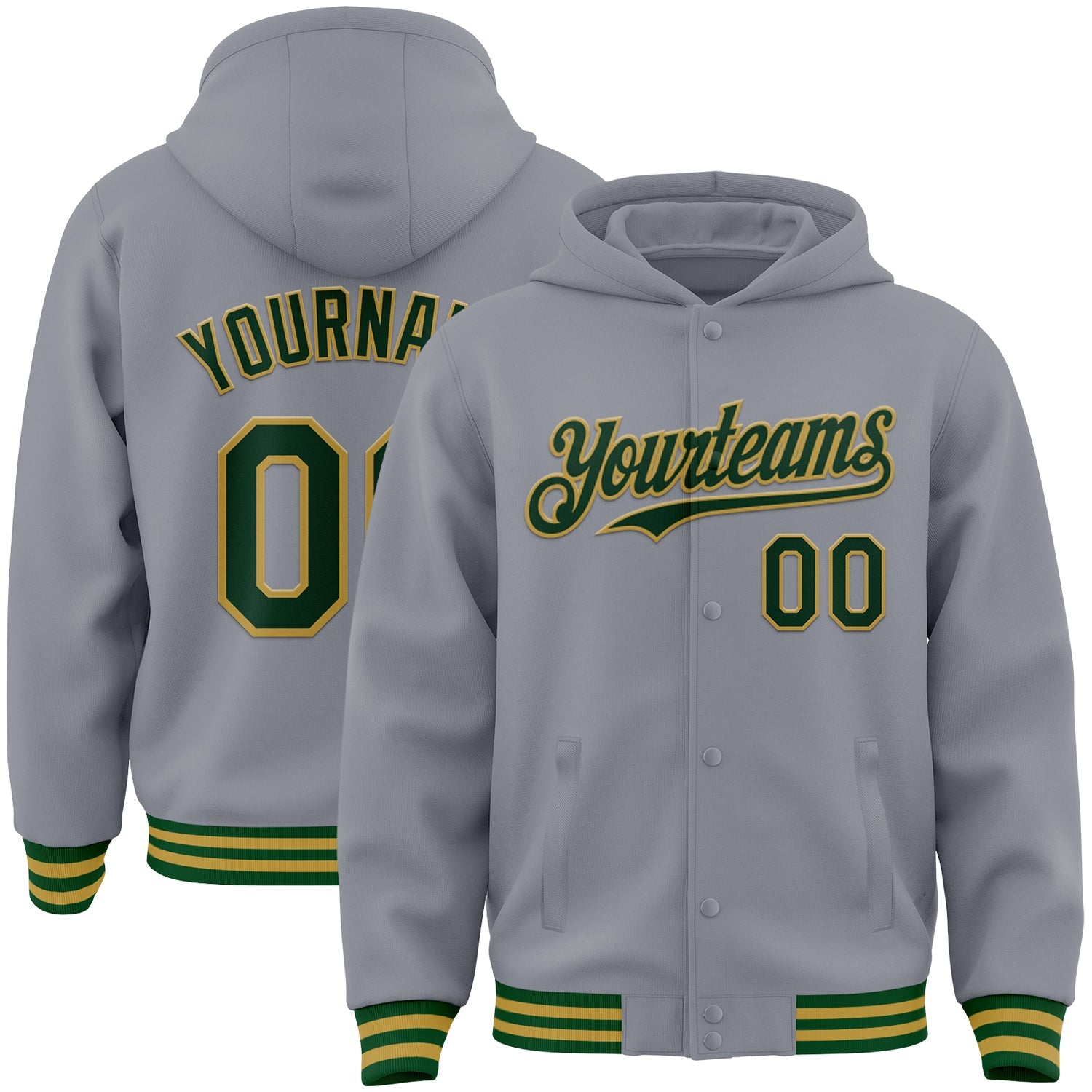 Custom Gray Green-Old Gold Bomber Full-Snap Varsity Letterman Hoodie Jacket - Main View