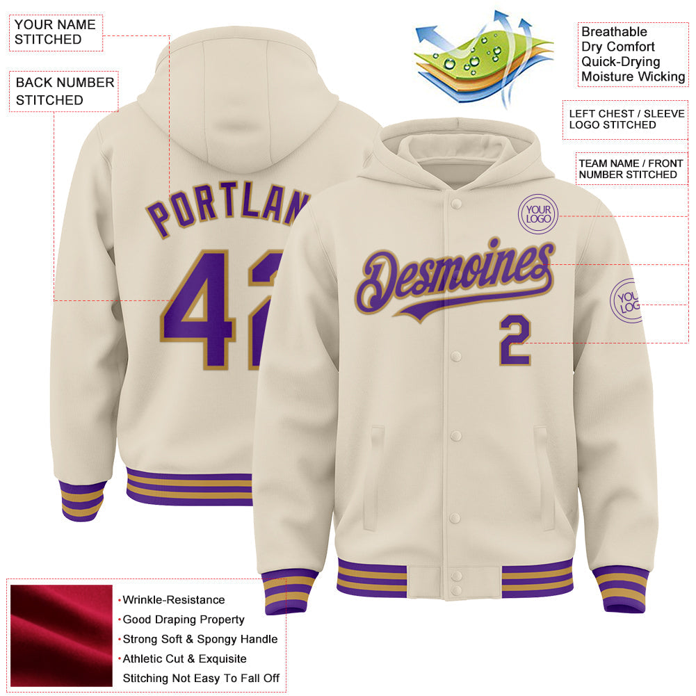 Custom Cream Purple-Old Gold Bomber Full-Snap Varsity Letterman Hoodie Jacket view 4