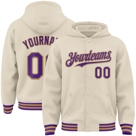 Custom Cream Purple-Old Gold Bomber Full-Snap Varsity Letterman Hoodie Jacket - Main View