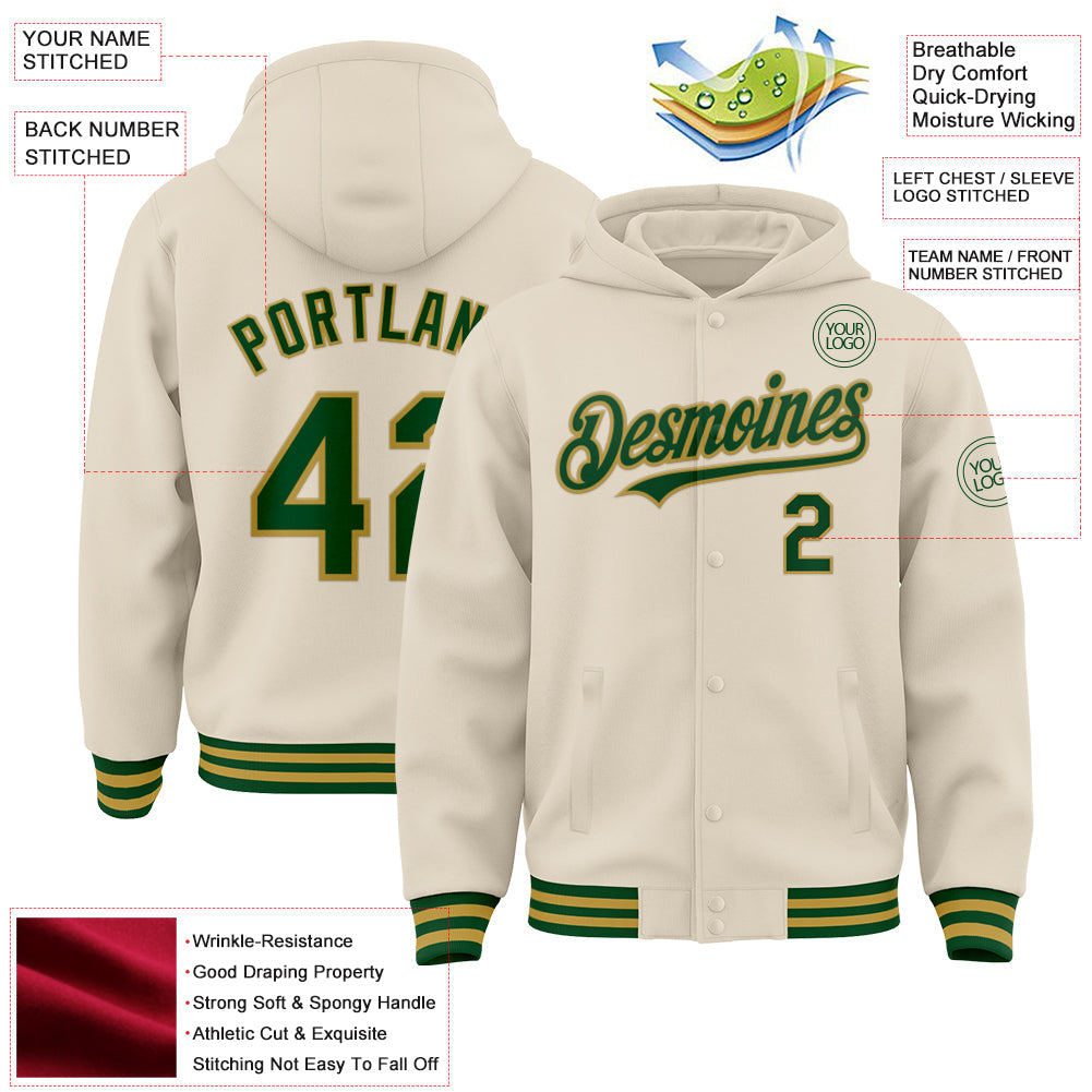 Custom Cream Green-Old Gold Bomber Full-Snap Varsity Letterman Hoodie Jacket view 4