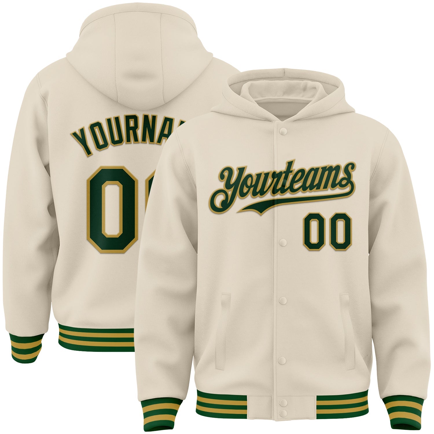 Custom Cream Green-Old Gold Bomber Full-Snap Varsity Letterman Hoodie Jacket - Main View