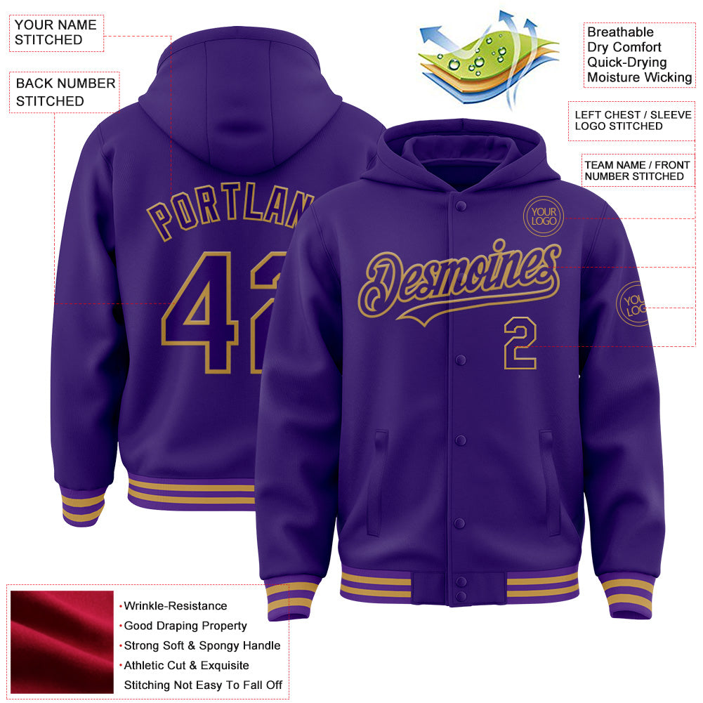 Custom Purple Old Gold Bomber Full-Snap Varsity Letterman Hoodie Jacket view 4
