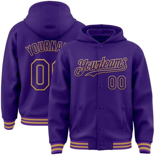 Custom Purple Old Gold Bomber Full-Snap Varsity Letterman Hoodie Jacket - Main View