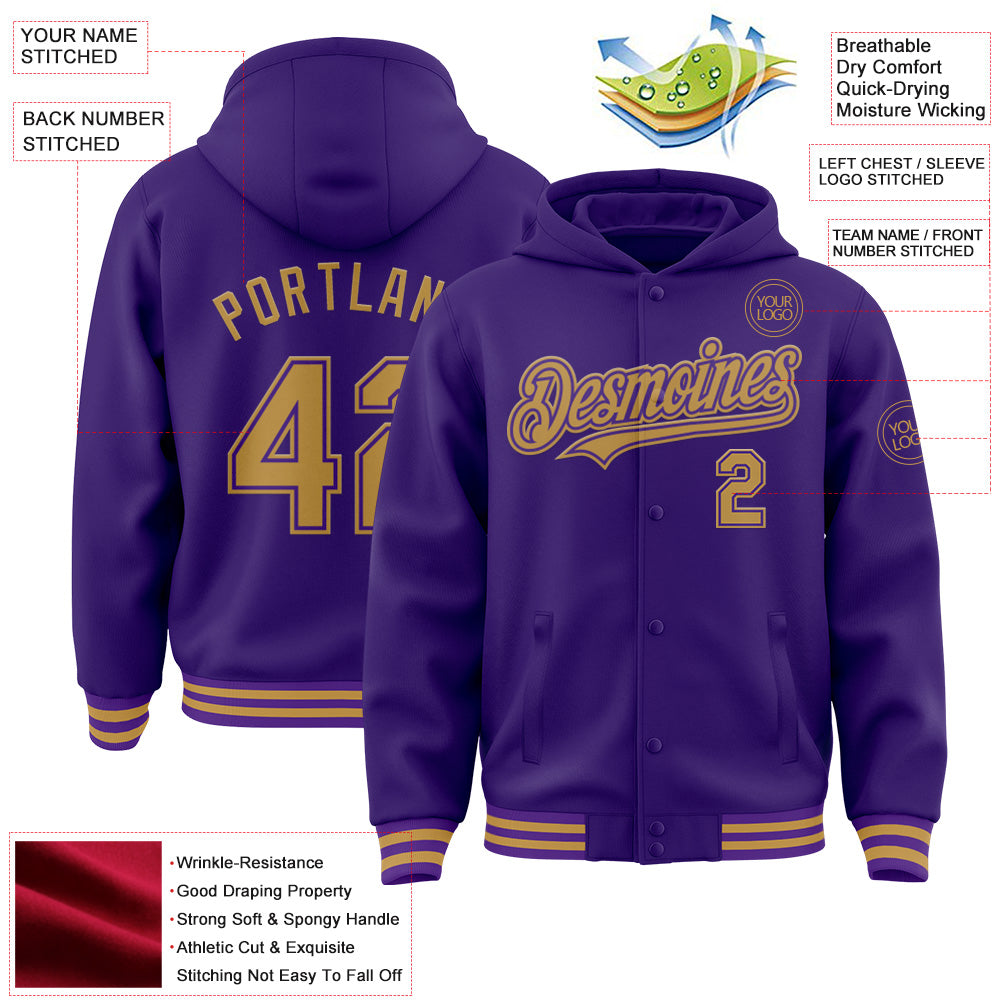 Custom Purple Old Gold Bomber Full-Snap Varsity Letterman Hoodie Jacket view 4