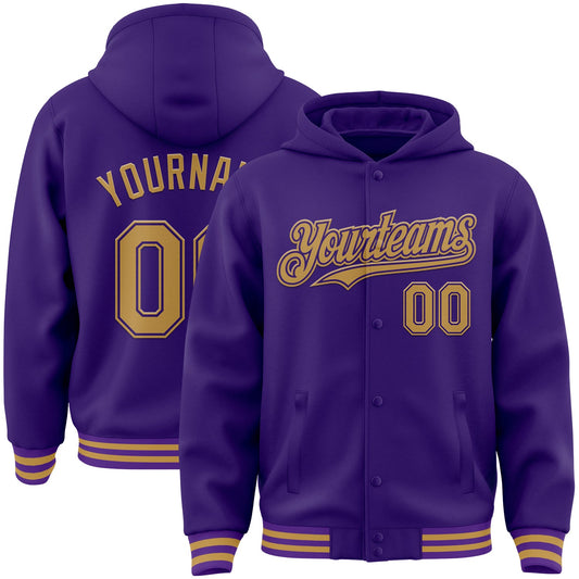 Custom Purple Old Gold Bomber Full-Snap Varsity Letterman Hoodie Jacket - Main View