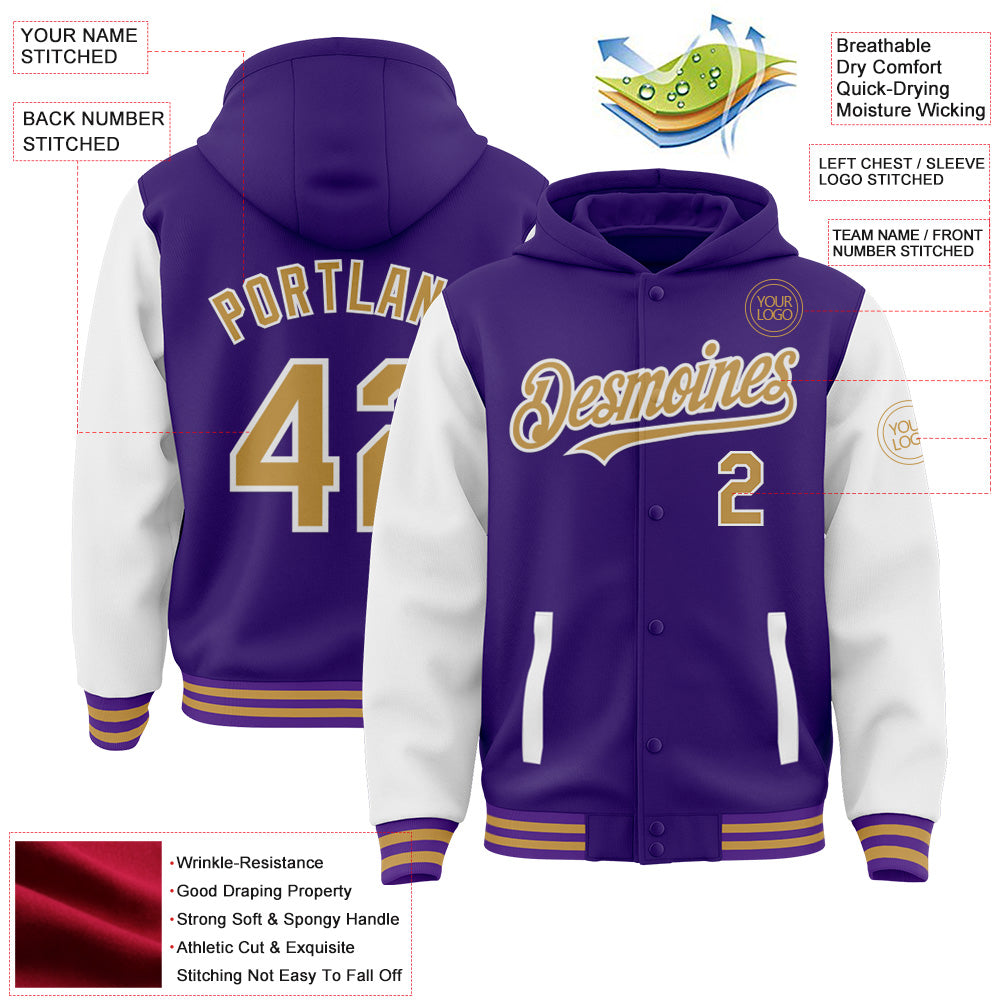 Custom Purple Old Gold-White Bomber Full-Snap Varsity Letterman Two Tone Hoodie Jacket view 4