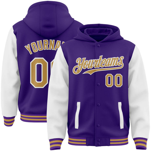 Custom Purple Old Gold-White Bomber Full-Snap Varsity Letterman Two Tone Hoodie Jacket - Main View