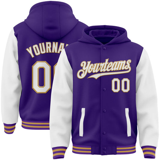Custom Purple White-Old Gold Bomber Full-Snap Varsity Letterman Two Tone Hoodie Jacket - Main View
