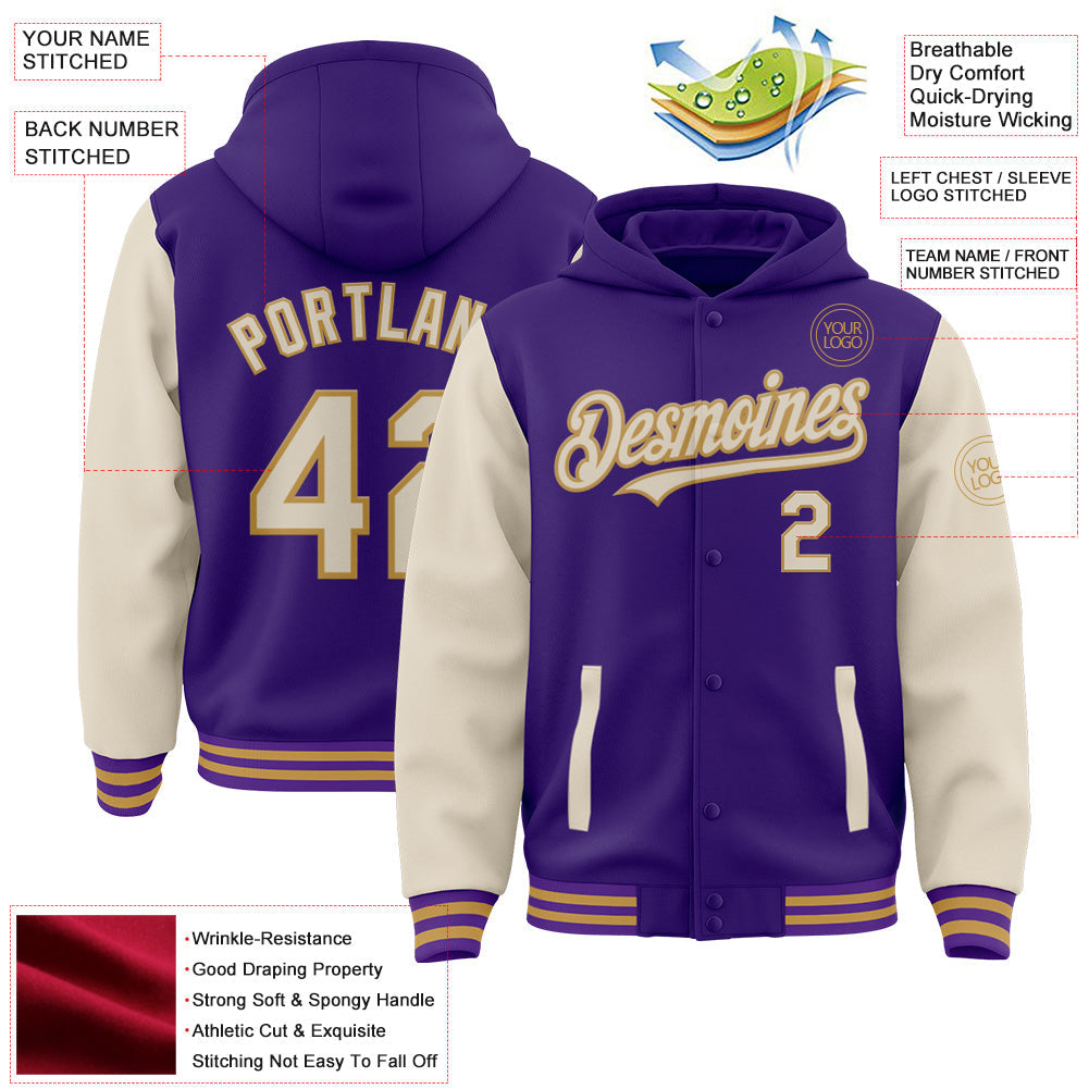 Custom Purple Cream-Old Gold Bomber Full-Snap Varsity Letterman Two Tone Hoodie Jacket view 4