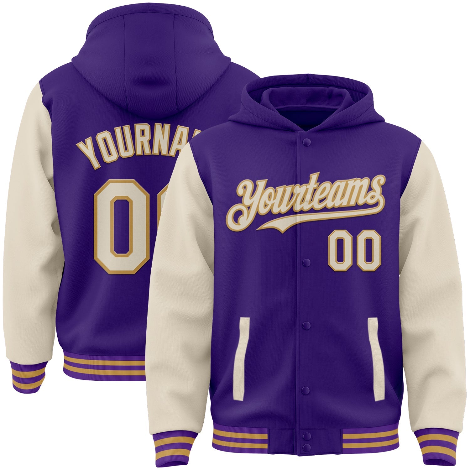 Custom Purple Cream-Old Gold Bomber Full-Snap Varsity Letterman Two Tone Hoodie Jacket - Main View