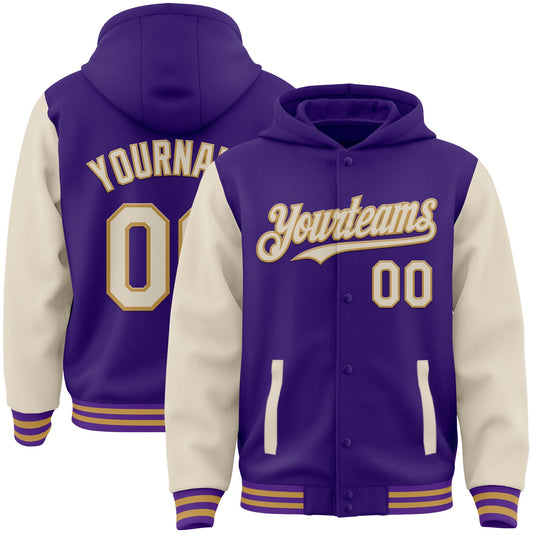 Custom Purple Cream-Old Gold Bomber Full-Snap Varsity Letterman Two Tone Hoodie Jacket - Main View