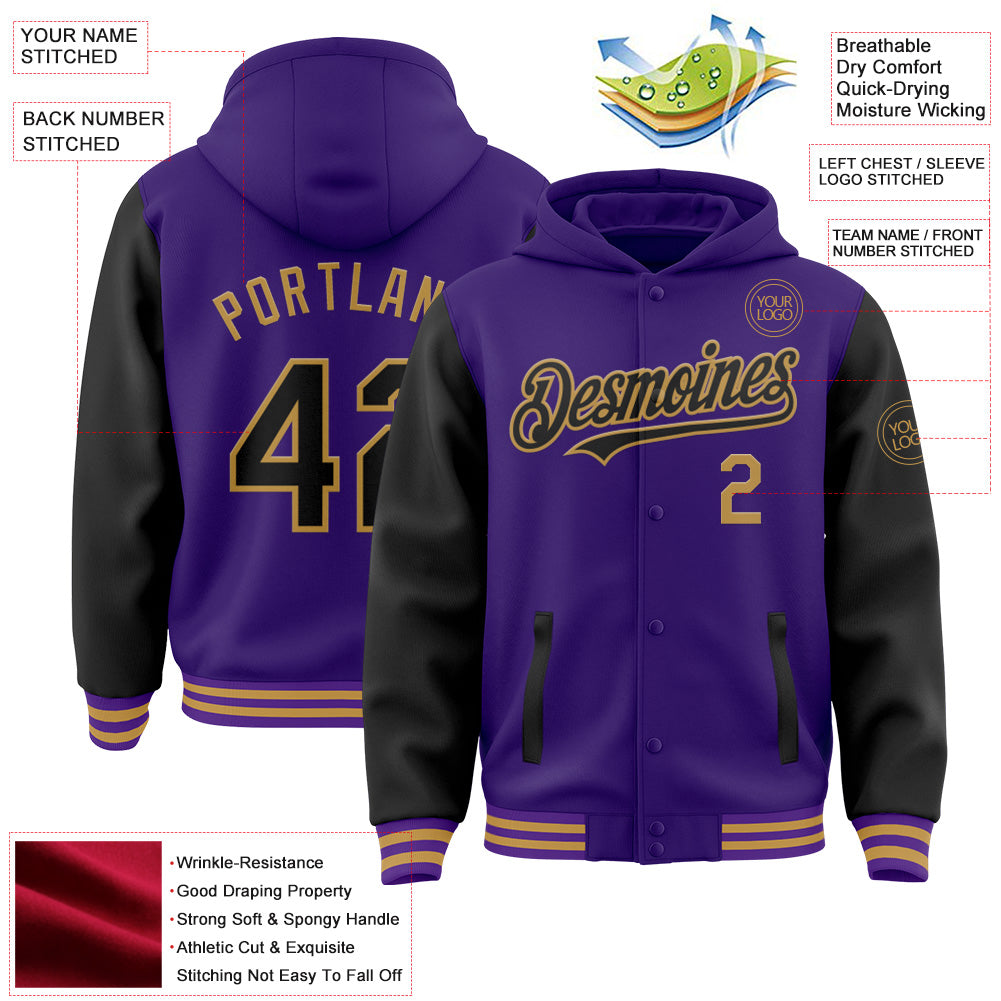 Custom Purple Black-Old Gold Bomber Full-Snap Varsity Letterman Two Tone Hoodie Jacket view 4