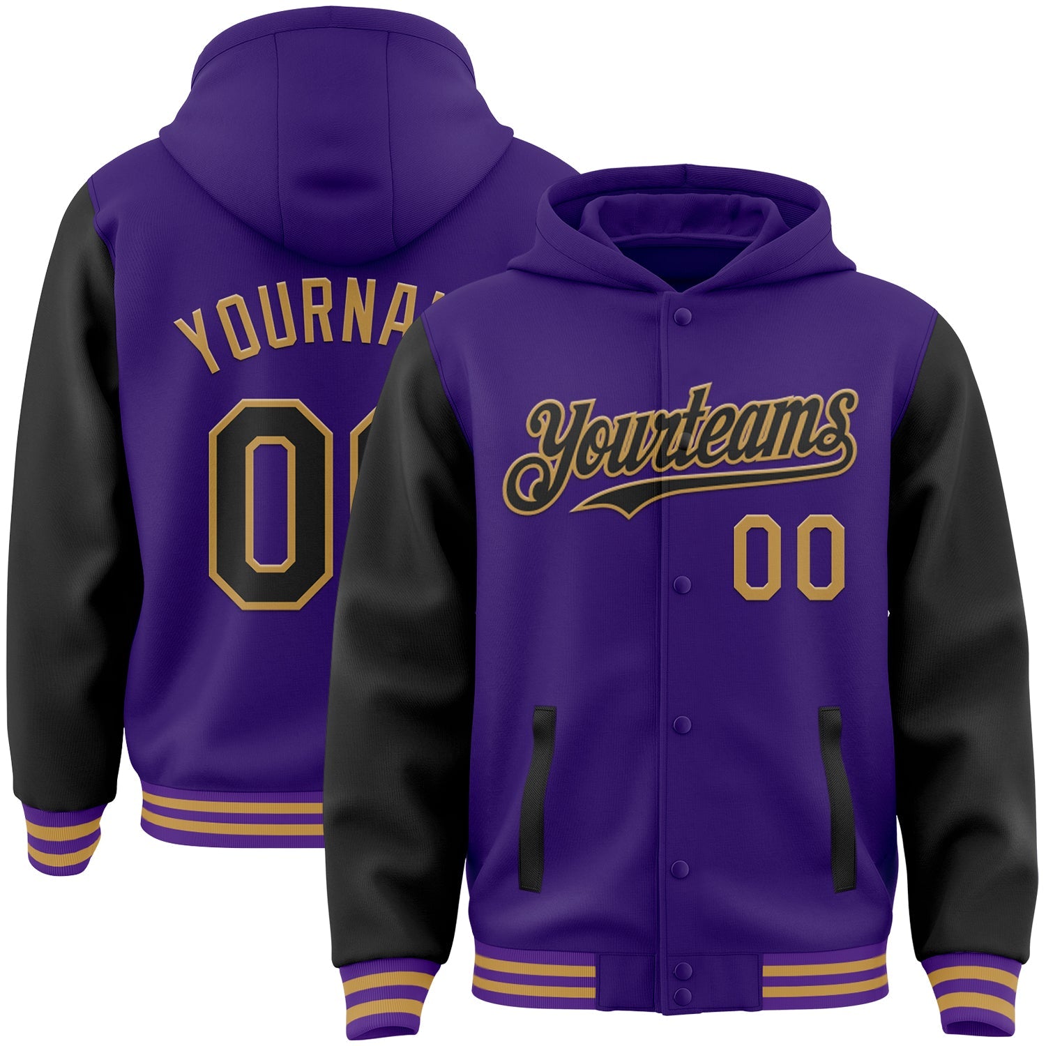 Custom Purple Black-Old Gold Bomber Full-Snap Varsity Letterman Two Tone Hoodie Jacket - Main View