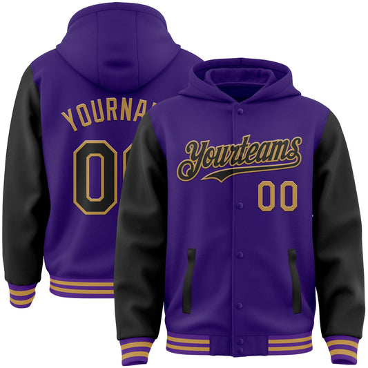 Custom Purple Black-Old Gold Bomber Full-Snap Varsity Letterman Two Tone Hoodie Jacket - Main View