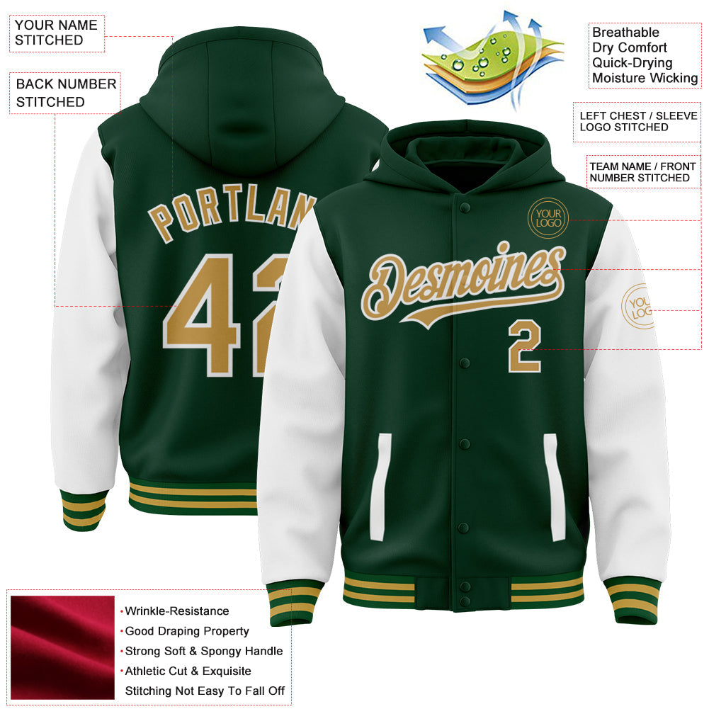 Custom Green Old Gold-White Bomber Full-Snap Varsity Letterman Two Tone Hoodie Jacket view 4