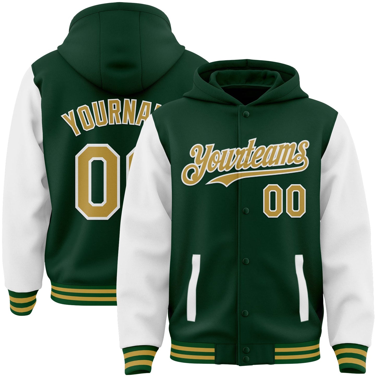 Custom Green Old Gold-White Bomber Full-Snap Varsity Letterman Two Tone Hoodie Jacket - Main View
