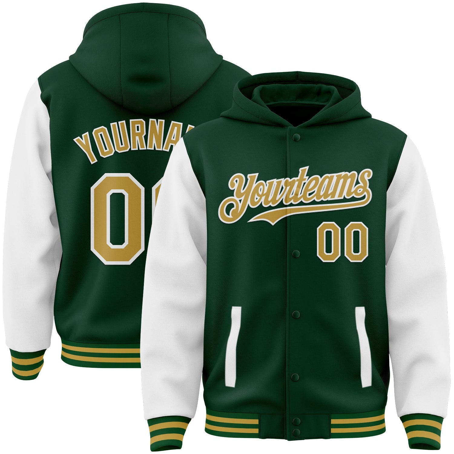 Custom Green Old Gold-White Bomber Full-Snap Varsity Letterman Two Tone Hoodie Jacket - Main View