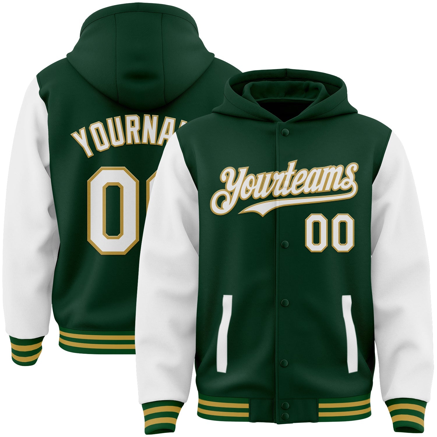 Custom Green White-Old Gold Bomber Full-Snap Varsity Letterman Two Tone Hoodie Jacket - Main View